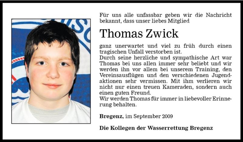  Todesanzeige für Thomas Zwick vom 29.09.2009 aus Vorarlberger Nachrichten