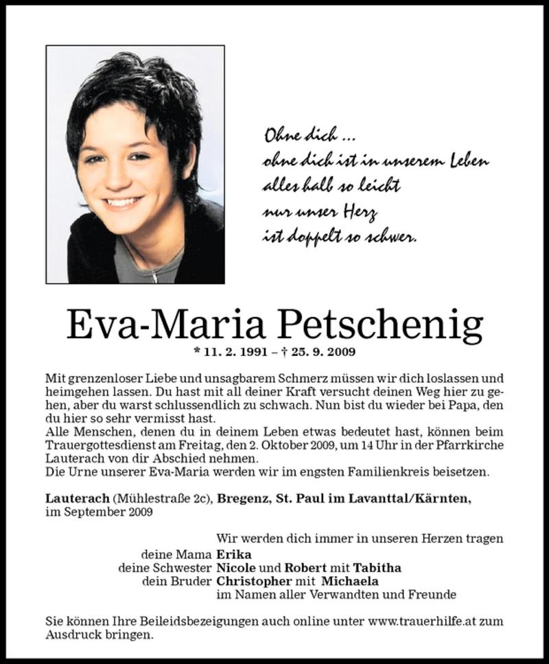  Todesanzeige für Eva-Maria Petschenig vom 01.10.2009 aus Vorarlberger Nachrichten