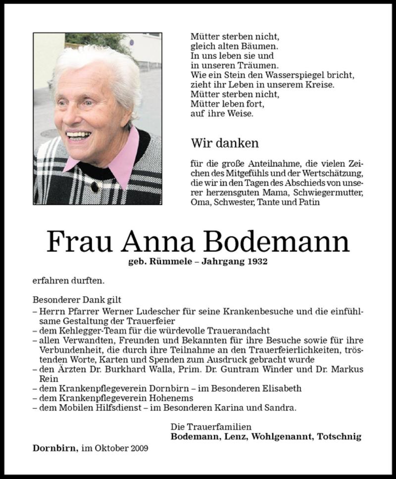 Todesanzeigen Von Anna Bodemann Todesanzeigen Vorarlberger Nachrichten