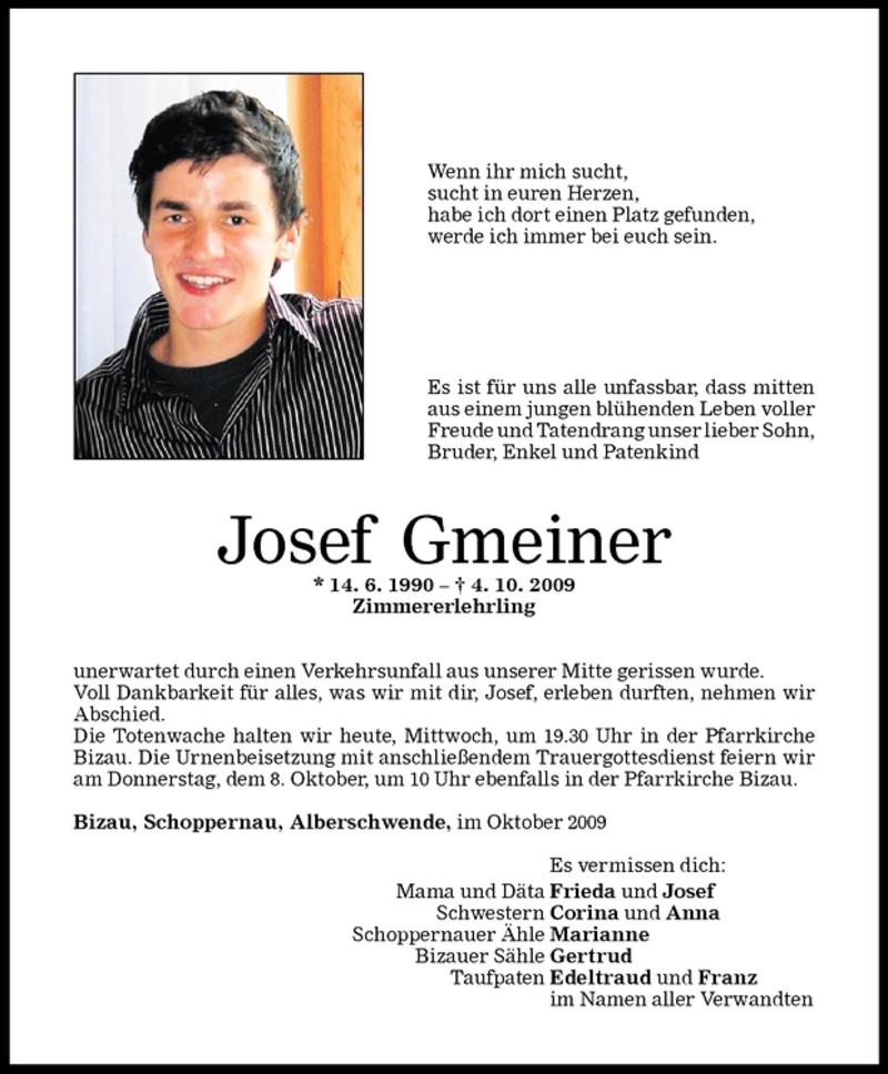  Todesanzeige für Josef Gmeiner vom 07.10.2009 aus Vorarlberger Nachrichten