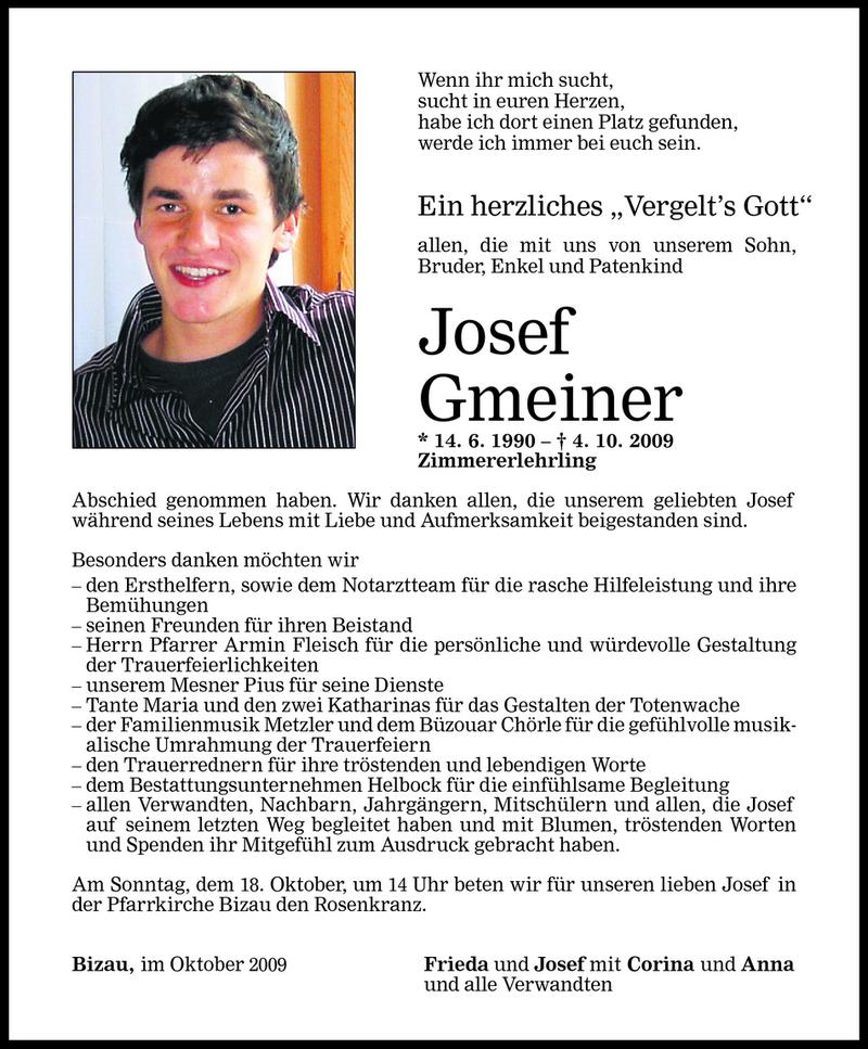  Todesanzeige für Josef Gmeiner vom 17.10.2009 aus Vorarlberger Nachrichten