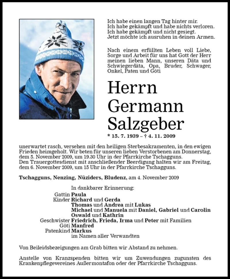  Todesanzeige für Germann Salzgeber vom 05.11.2009 aus Vorarlberger Nachrichten