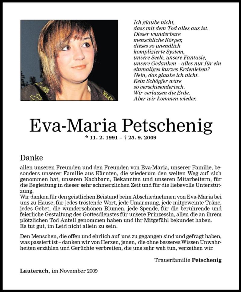  Todesanzeige für Eva-Maria Petschenig vom 07.11.2009 aus Vorarlberger Nachrichten