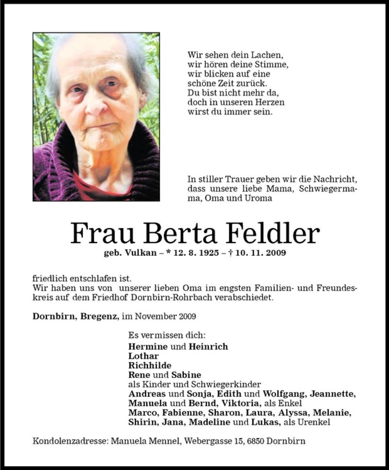  Todesanzeige für Berta Feldler vom 13.11.2009 aus Vorarlberger Nachrichten