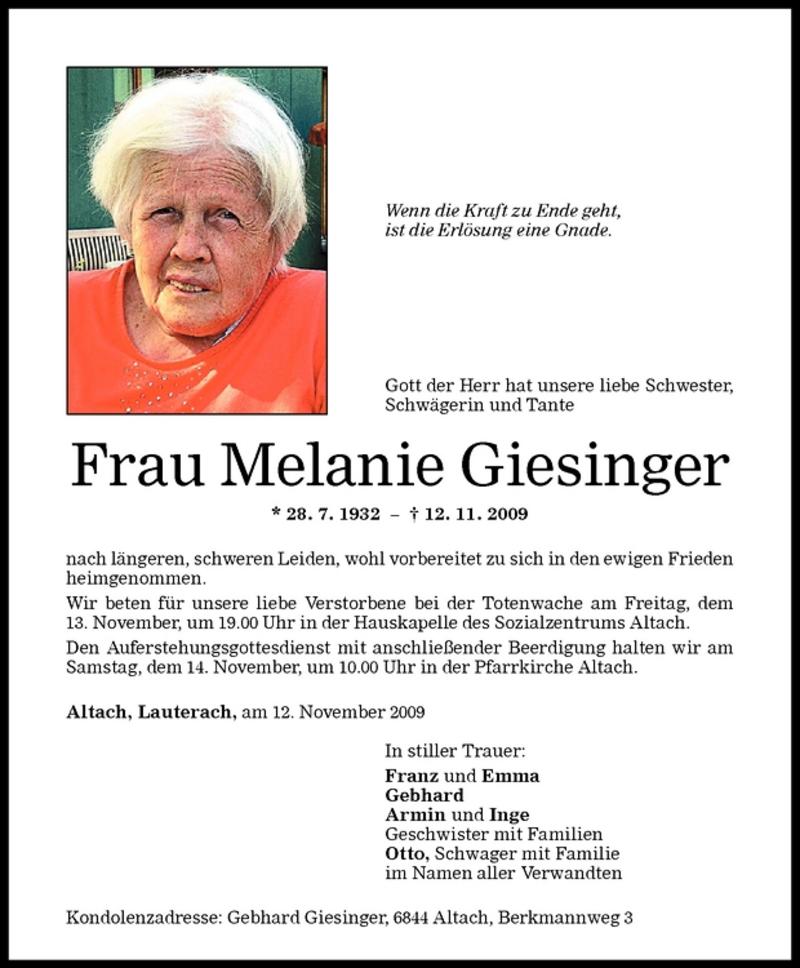 Todesanzeigen von Melanie Giesinger | Todesanzeigen Vorarlberger ...