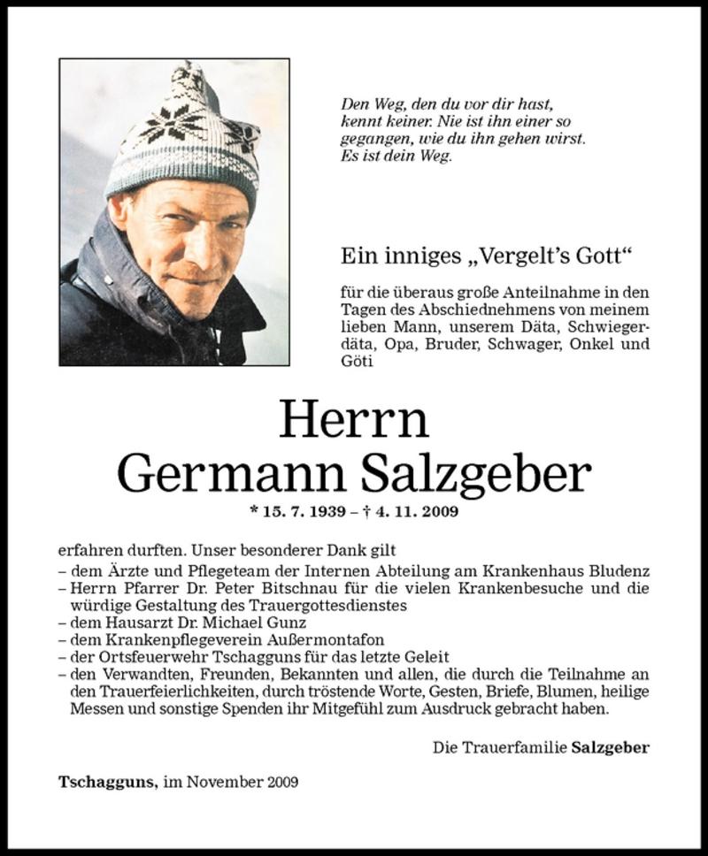  Todesanzeige für Germann Salzgeber vom 21.11.2009 aus Vorarlberger Nachrichten