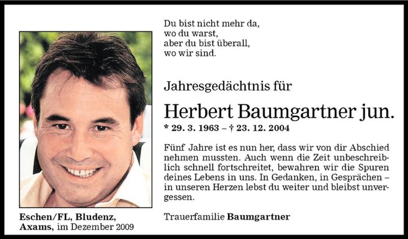  Todesanzeige für Herbert Baumgartner vom 23.12.2009 aus Vorarlberger Nachrichten