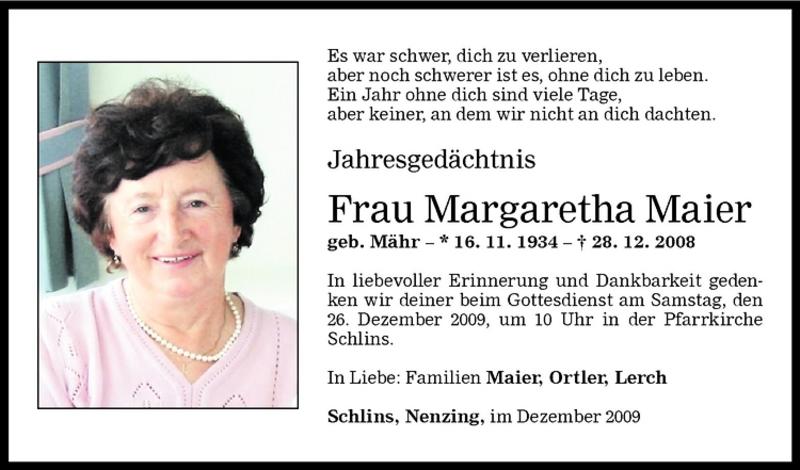  Todesanzeige für Margaretha Maier vom 24.12.2009 aus Vorarlberger Nachrichten