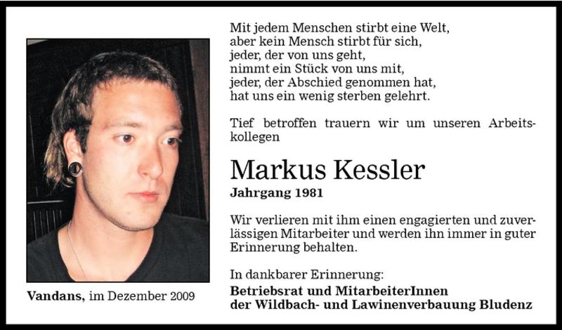  Todesanzeige für Markus Kessler vom 28.12.2009 aus Vorarlberger Nachrichten