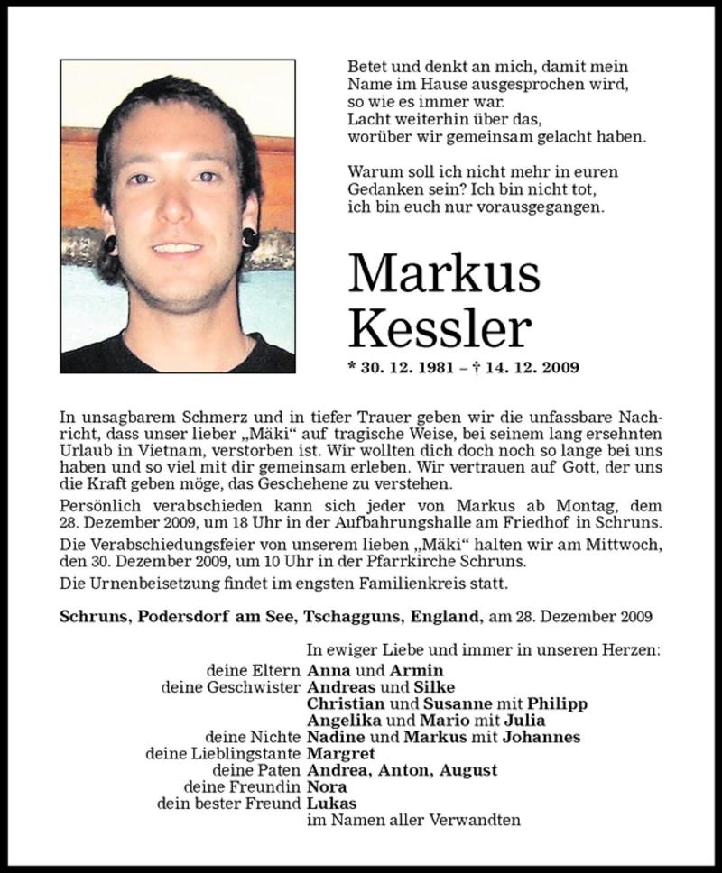  Todesanzeige für Markus Kessler vom 28.12.2009 aus Vorarlberger Nachrichten
