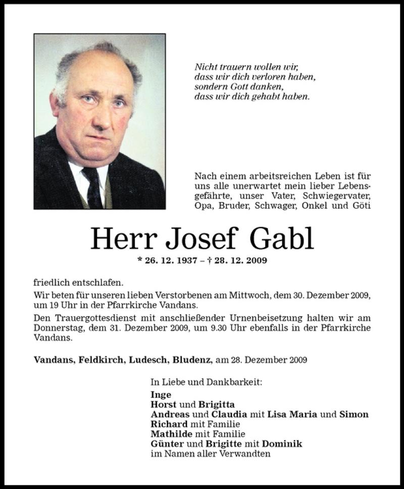  Todesanzeige für Josef Gabl vom 30.12.2009 aus Vorarlberger Nachrichten