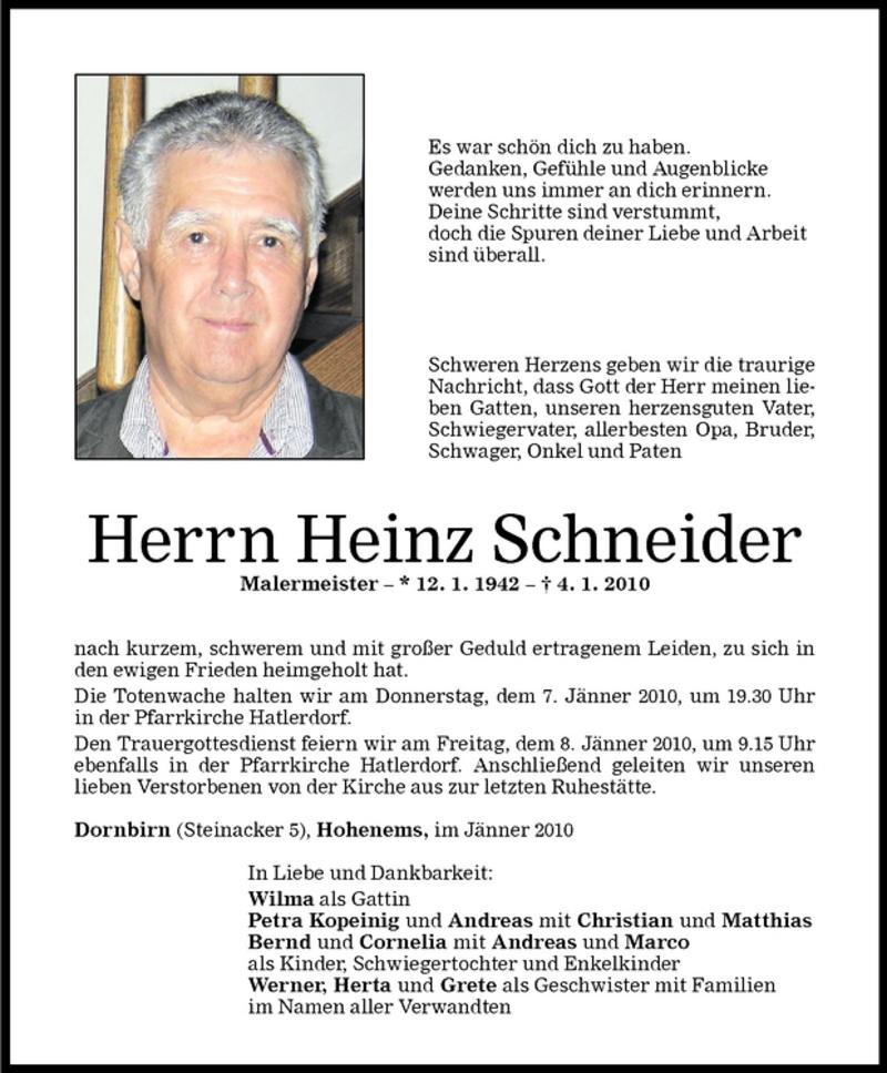  Todesanzeige für Heinz Schneider vom 06.01.2010 aus Vorarlberger Nachrichten