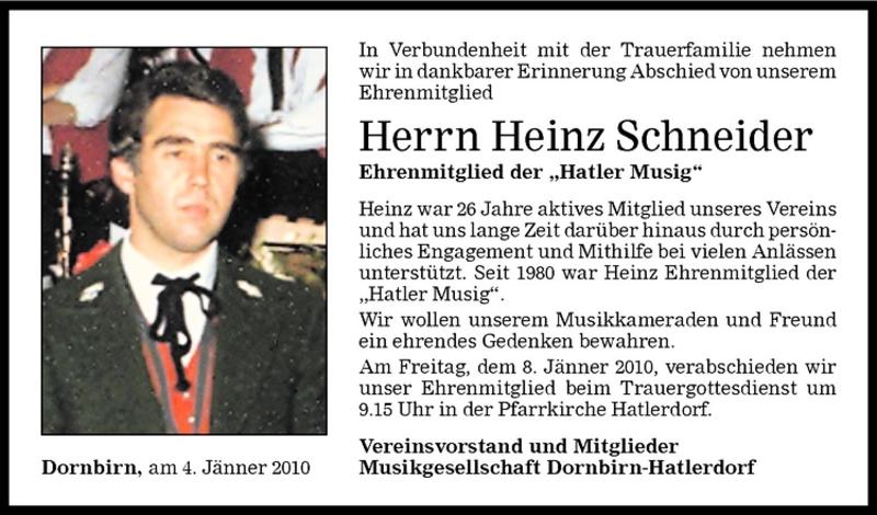  Todesanzeige für Heinz Schneider vom 06.01.2010 aus Vorarlberger Nachrichten