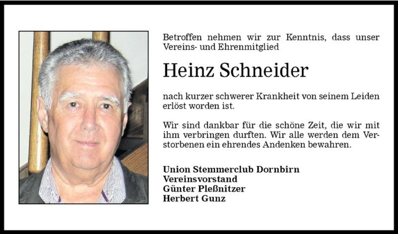  Todesanzeige für Heinz Schneider vom 06.01.2010 aus Vorarlberger Nachrichten