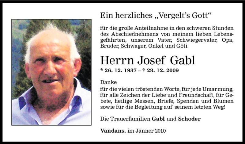  Todesanzeige für Josef Gabl vom 09.01.2010 aus Vorarlberger Nachrichten