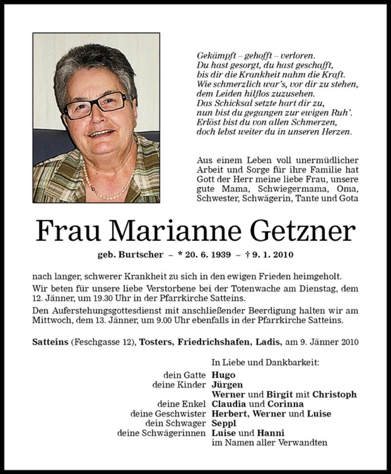 Todesanzeigen von Marianne Getzner | Todesanzeigen Vorarlberger Nachrichten