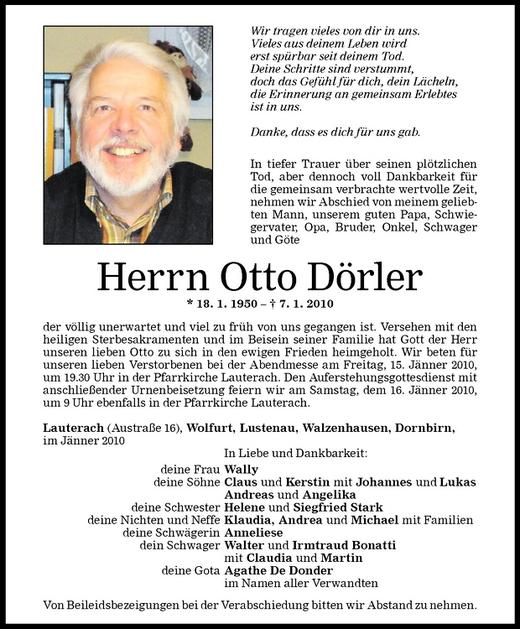 Todesanzeige von Otto Dörler von Vorarlberger Nachrichten