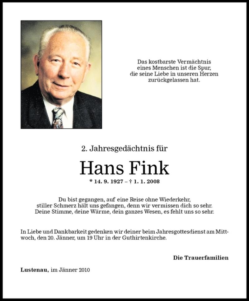  Todesanzeige für Hans Fink vom 18.01.2010 aus Vorarlberger Nachrichten