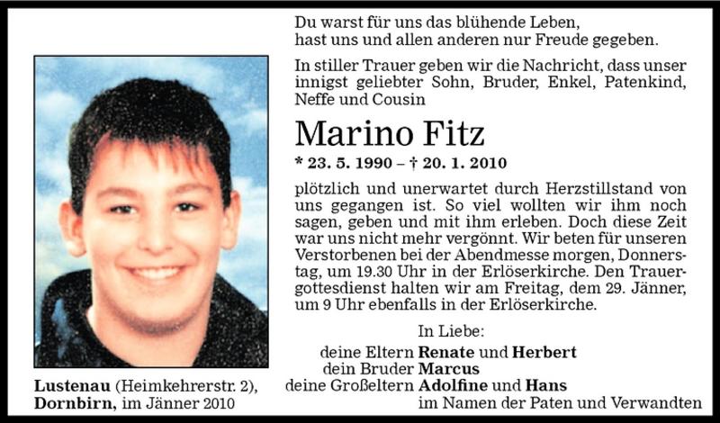  Todesanzeige für Marino Fitz vom 27.01.2010 aus Vorarlberger Nachrichten