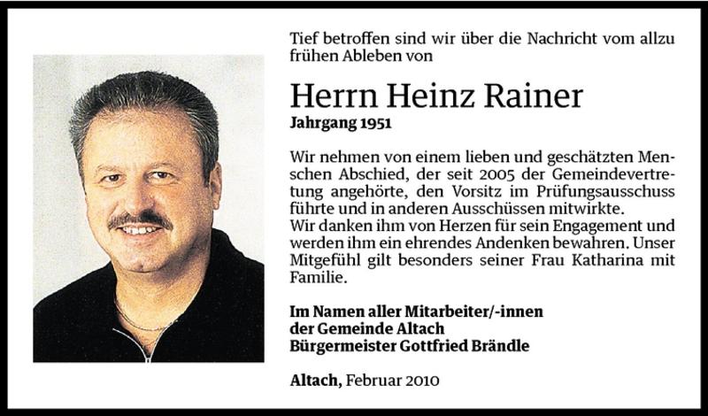  Todesanzeige für Heinz Rainer vom 04.02.2010 aus Vorarlberger Nachrichten