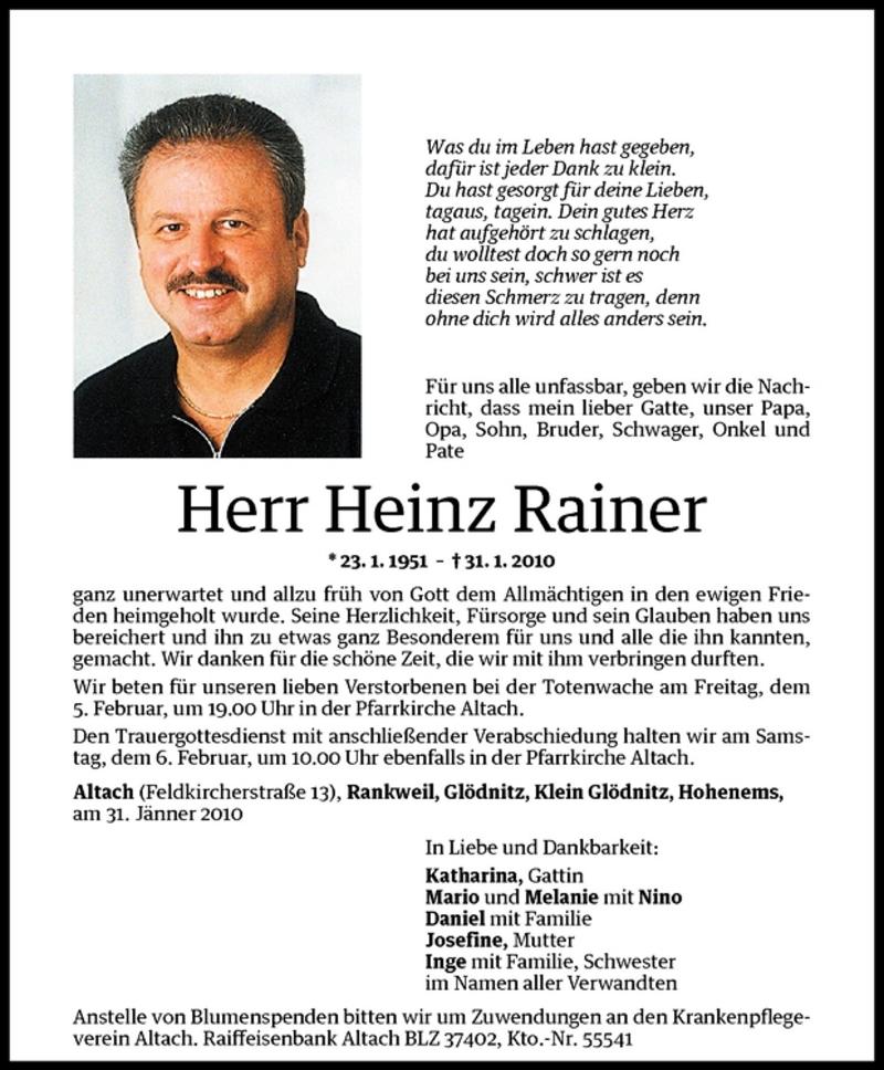  Todesanzeige für Heinz Rainer vom 04.02.2010 aus Vorarlberger Nachrichten