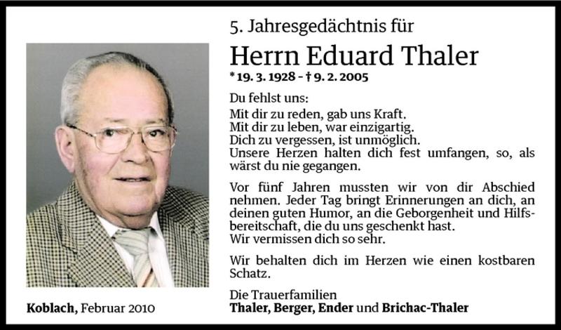  Todesanzeige für Eduard Thaler vom 09.02.2010 aus Vorarlberger Nachrichten