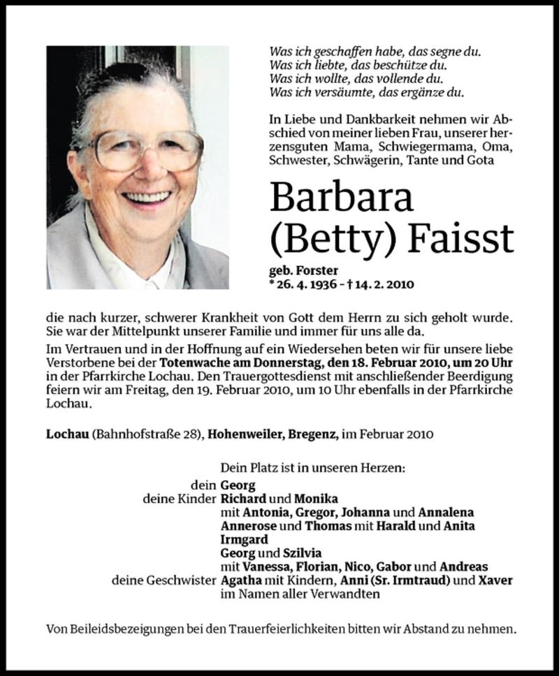  Todesanzeige für Barbara (Betty) Faisst vom 17.02.2010 aus Vorarlberger Nachrichten