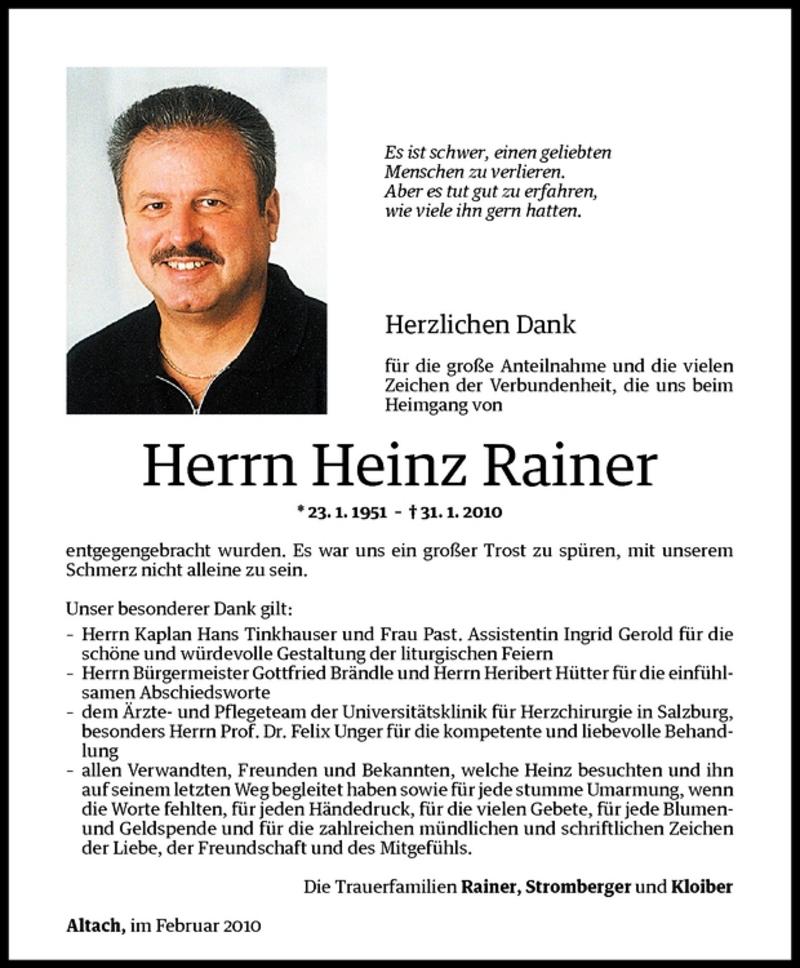  Todesanzeige für Heinz Rainer vom 20.02.2010 aus Vorarlberger Nachrichten