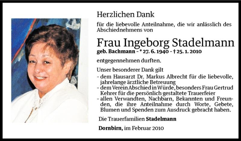  Todesanzeige für Ingeborg Stadelmann vom 26.02.2010 aus Vorarlberger Nachrichten