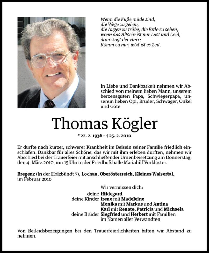  Todesanzeige für Thomas Kögler vom 02.03.2010 aus Vorarlberger Nachrichten