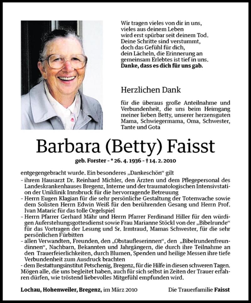  Todesanzeige für Barbara (Betty) Faisst vom 19.03.2010 aus Vorarlberger Nachrichten