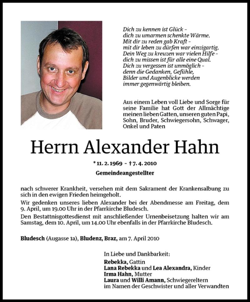  Todesanzeige für Alexander Hahn vom 09.04.2010 aus Vorarlberger Nachrichten