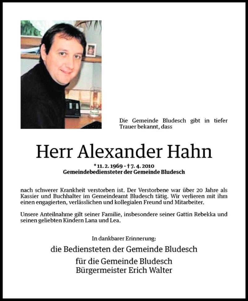  Todesanzeige für Alexander Hahn vom 09.04.2010 aus Vorarlberger Nachrichten