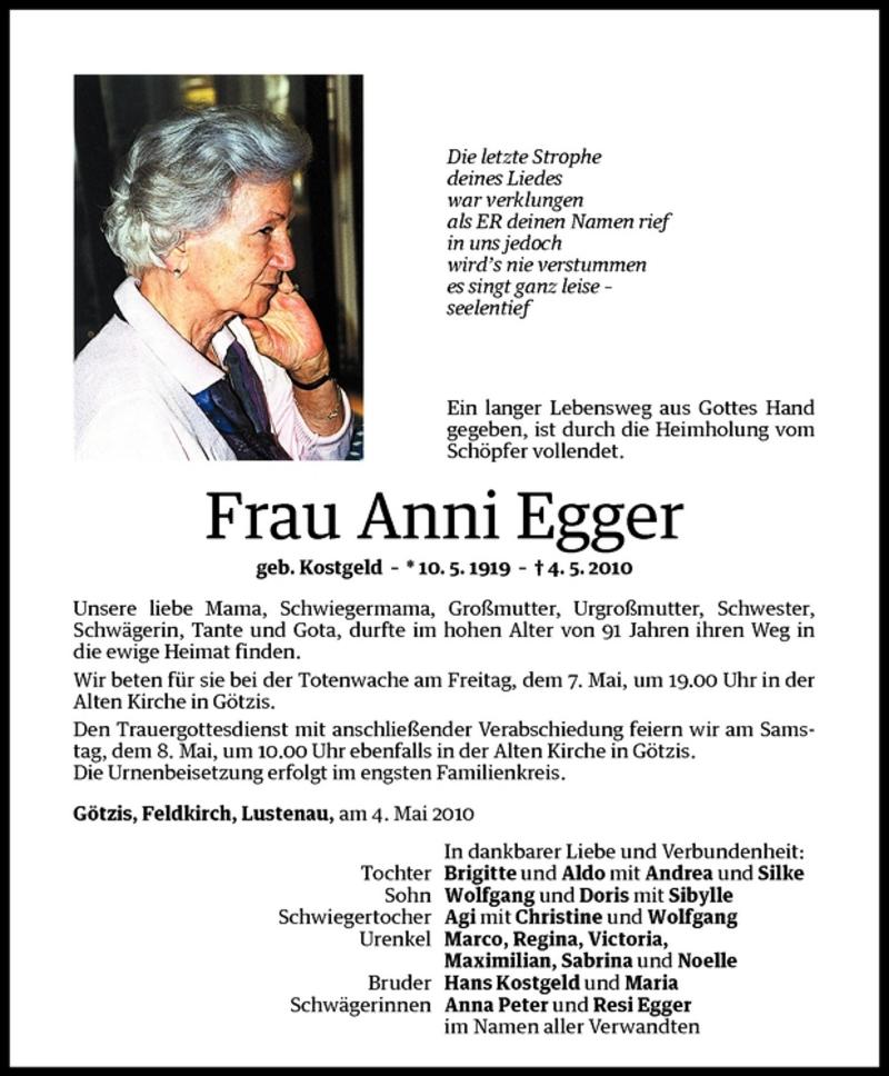 Todesanzeigen von Anni Egger | Todesanzeigen Vorarlberger Nachrichten