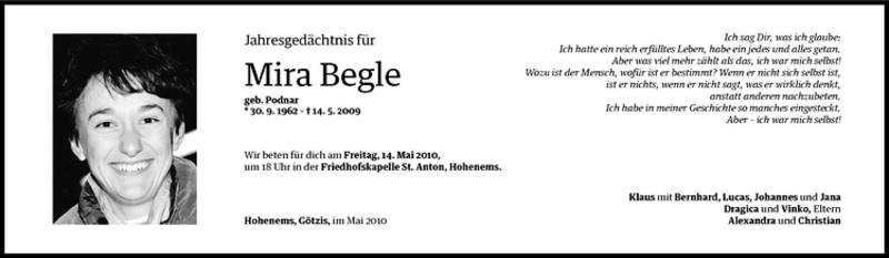  Todesanzeige für Mira Begle vom 08.05.2010 aus Vorarlberger Nachrichten