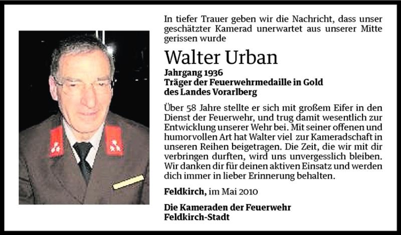  Todesanzeige für Walter Urban vom 19.05.2010 aus Vorarlberger Nachrichten