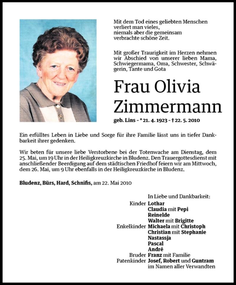  Todesanzeige für Olivia Zimmermann vom 25.05.2010 aus Vorarlberger Nachrichten