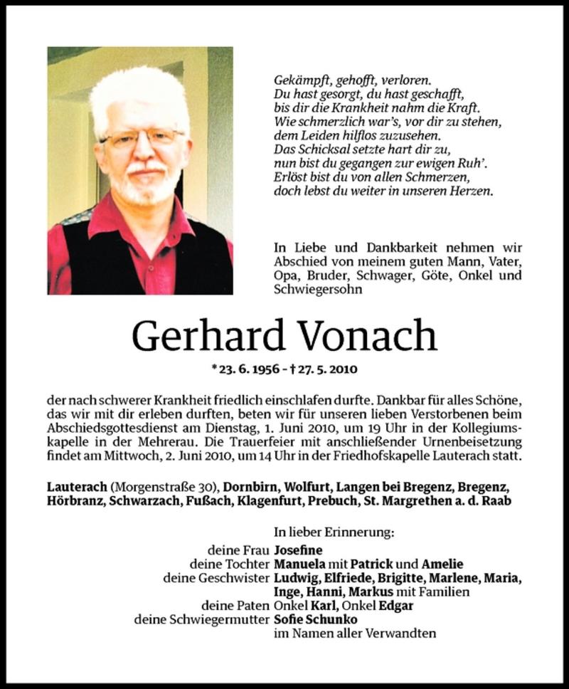  Todesanzeige für Gerhard Vonach vom 31.05.2010 aus Vorarlberger Nachrichten