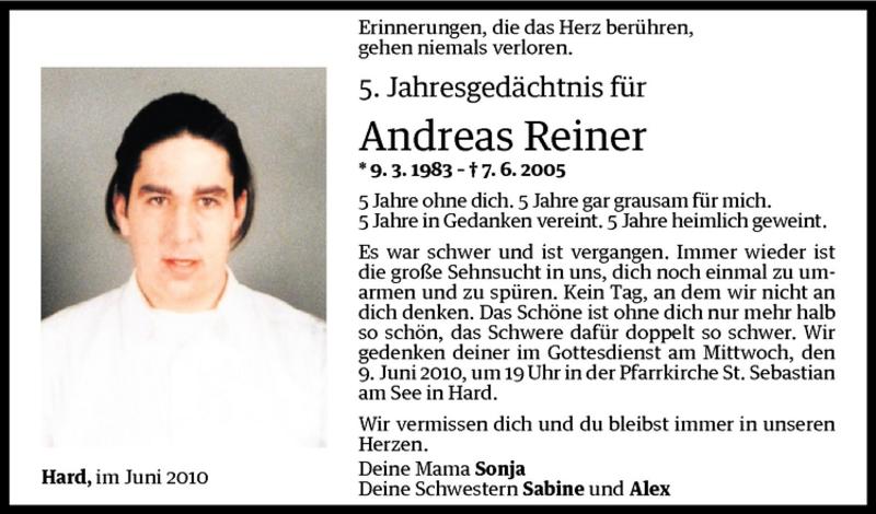  Todesanzeige für Andreas Reiner vom 07.06.2010 aus Vorarlberger Nachrichten