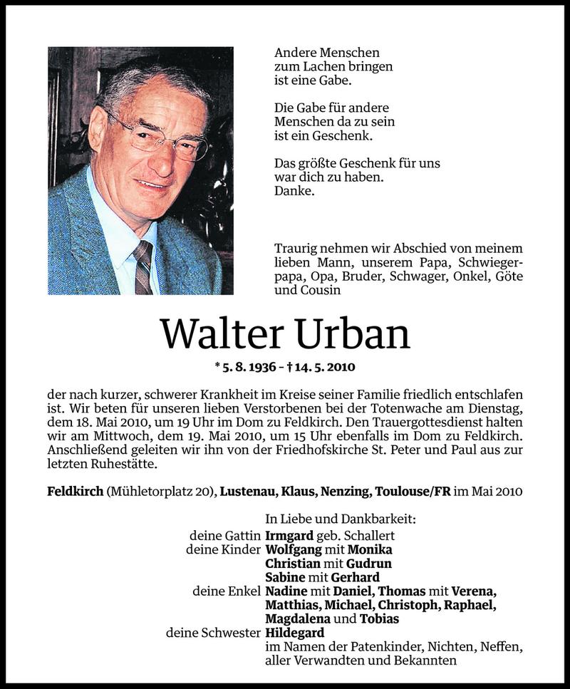 Todesanzeige für Walter Urban vom 15.05.2010 aus Vorarlberger Nachrichten