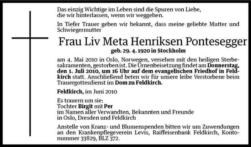  Todesanzeige für Liva Meta Henriksen Pontesegger vom 28.06.2010 aus Vorarlberger Nachrichten