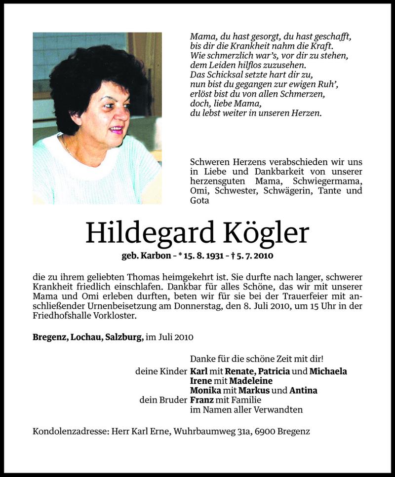  Todesanzeige für Hildegard Kögler vom 07.07.2010 aus Vorarlberger Nachrichten