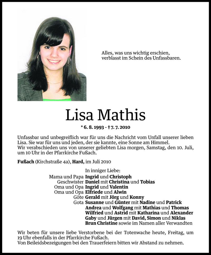  Todesanzeige für Lisa Mathis vom 09.07.2010 aus Vorarlberger Nachrichten