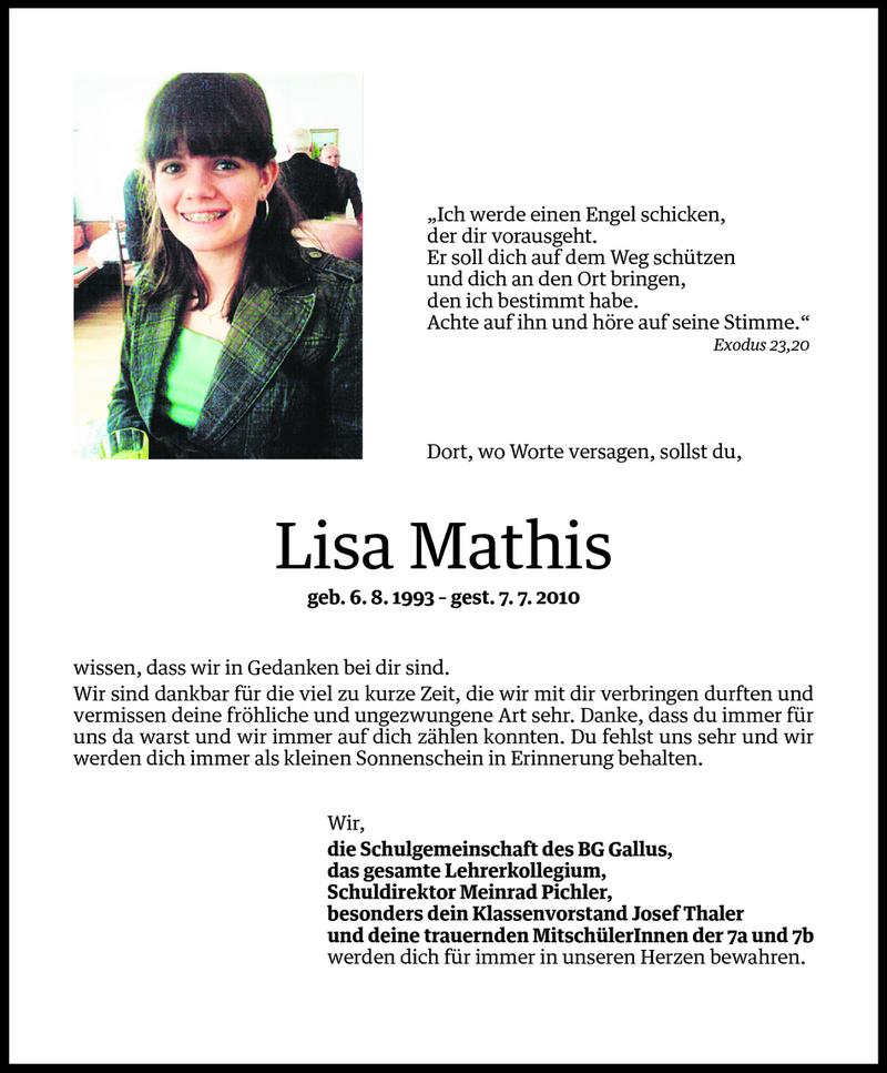  Todesanzeige für Lisa Mathis vom 10.07.2010 aus Vorarlberger Nachrichten