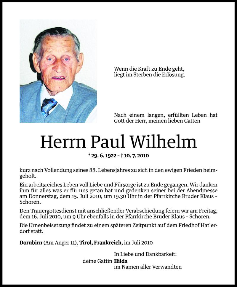  Todesanzeige für Paul Wilhelm vom 14.07.2010 aus Vorarlberger Nachrichten