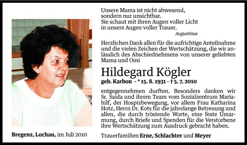  Todesanzeige für Hildegard Kögler vom 24.07.2010 aus Vorarlberger Nachrichten