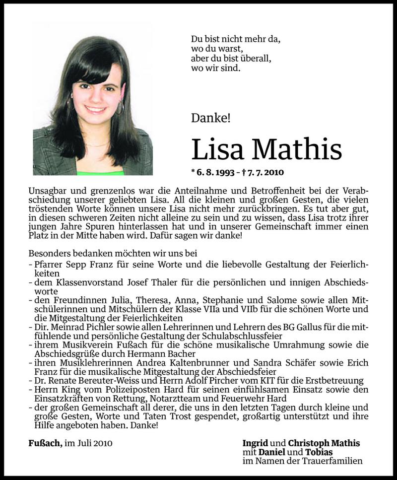  Todesanzeige für Lisa Mathis vom 31.07.2010 aus Vorarlberger Nachrichten