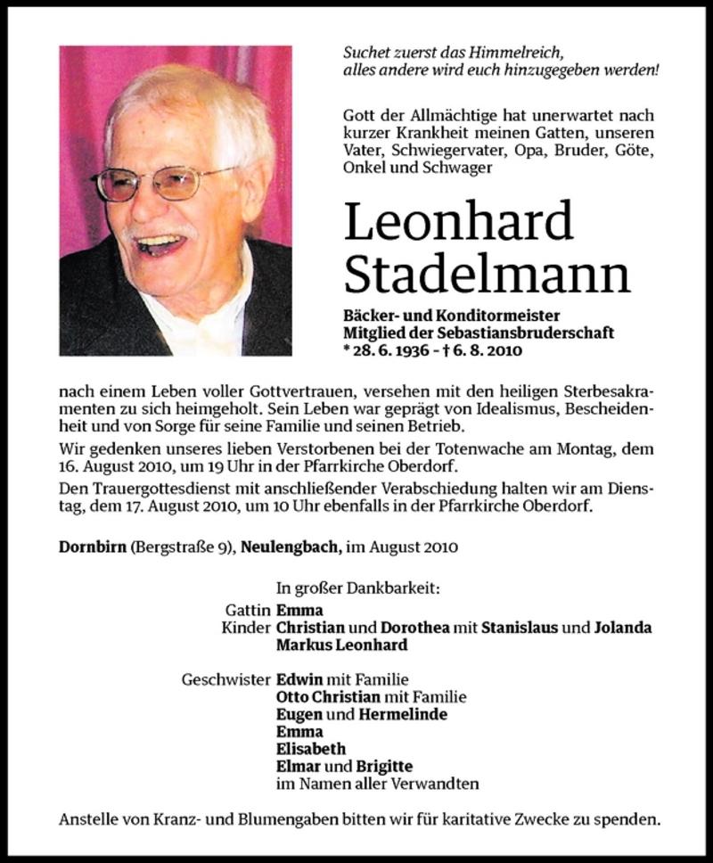 Todesanzeige für Leonhard Stadelmann vom 14.08.2010 aus Vorarlberger Nachrichten