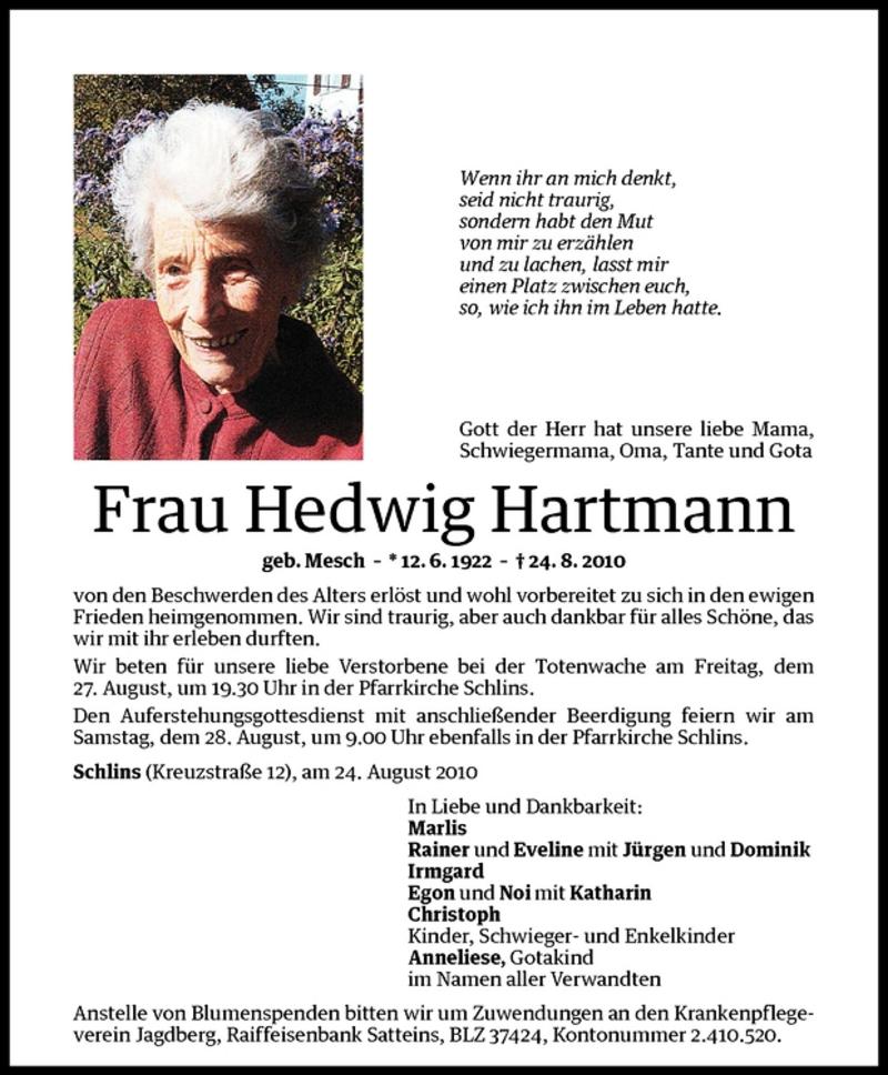 Todesanzeigen von Hedwig Hartmann | Todesanzeigen Vorarlberger Nachrichten