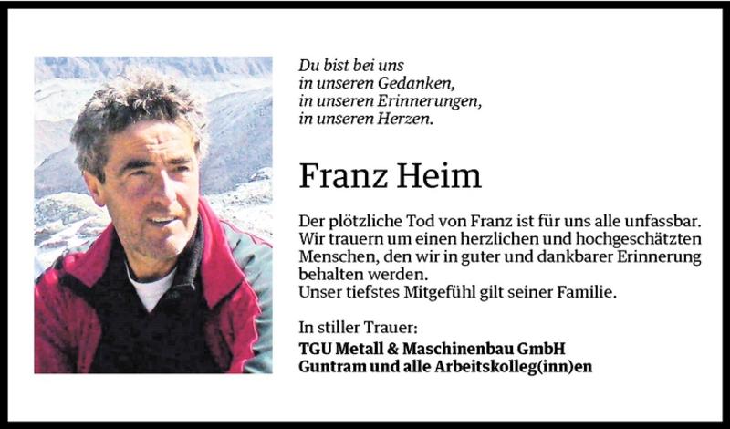  Todesanzeige für Franz Heim vom 09.09.2010 aus Vorarlberger Nachrichten